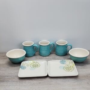 Katie Brown 7-Pc Ceramic Set - Turquoise & Floral - Cottagecore Farmhouse Decor